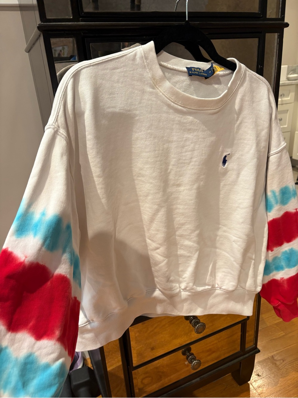 Polo by Ralph Lauren White Sweatshirt with Red & Blue Tie-Dye Sleeves
